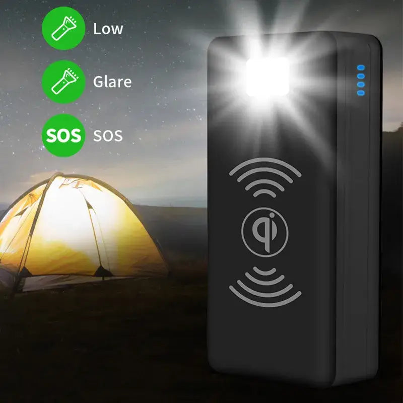 a portable camping light with a tent in the background