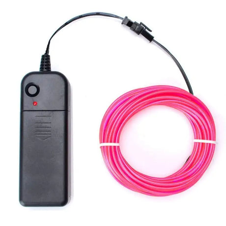 a close up of a pink neon light with a remote control