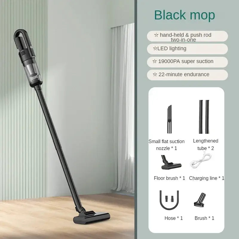 the black moo vacuum is on a wooden floor