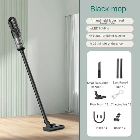 the black moo vacuum is on a wooden floor