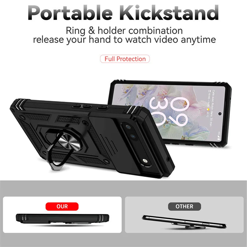 Portable kickstand phone case with a ring holder for hands-free viewing.