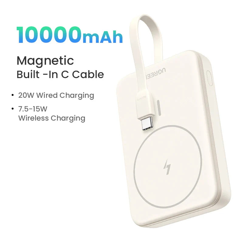 Portable magnetic wireless charger with 10000mAh capacity and built-in USB-C cable.