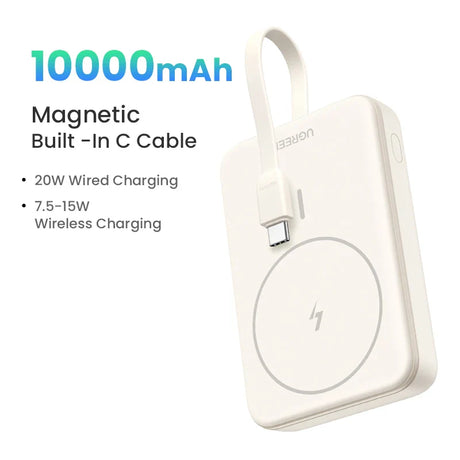 Portable magnetic wireless charger with 10000mAh capacity and built-in USB-C cable.