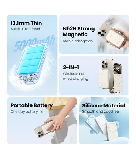 Portable magnetic wireless power bank for smartphones.