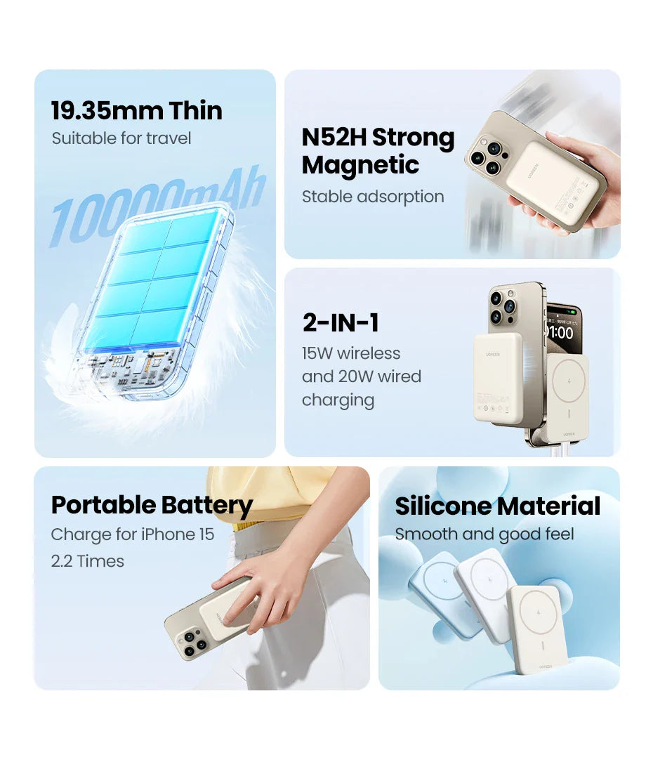 Portable magnetic wireless power bank for smartphones.