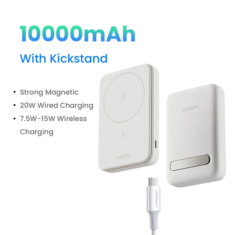 Portable magnetic wireless power bank with kickstand and charging cable.