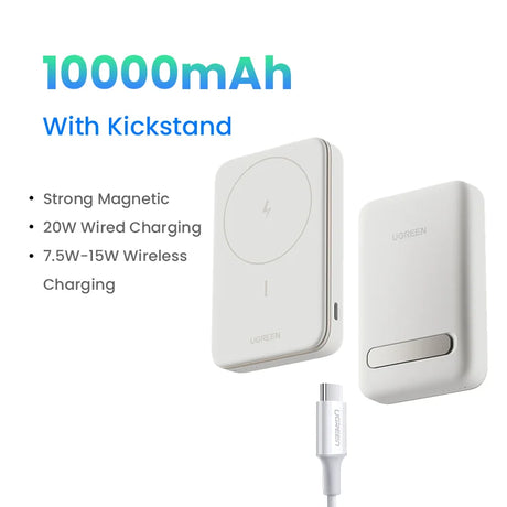 Portable magnetic wireless power bank with kickstand and charging cable.