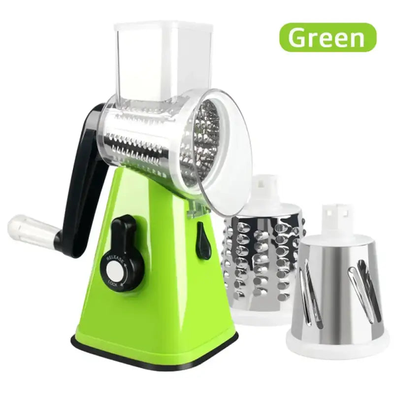 green juicer with a green handle and a white cup