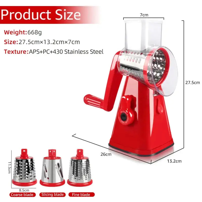 a red and silver meat slicer with a white background