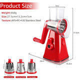 a red and silver meat slicer with a white background