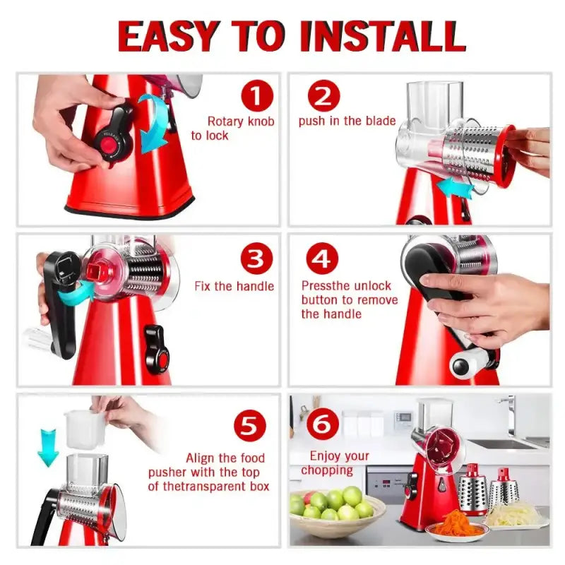 a red and black juicer with instructions to make it