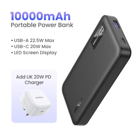 Portable power bank with 10000mAh capacity and USB-A/USB-C ports.