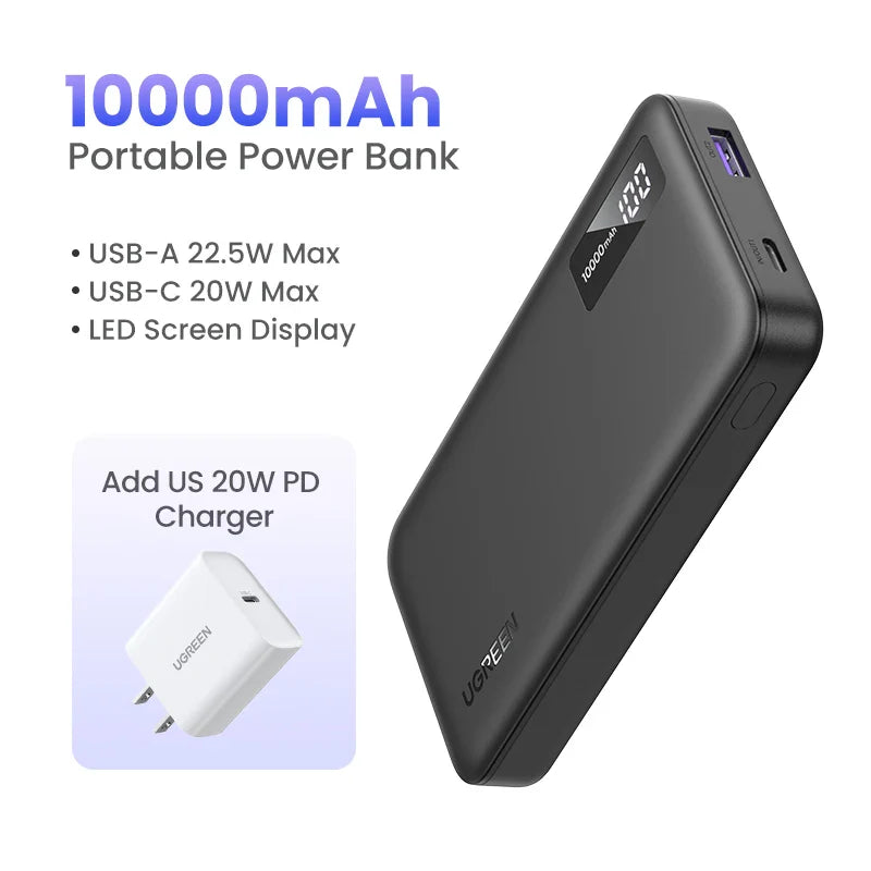 Portable power bank with 10000mAh capacity and USB-A/USB-C ports.