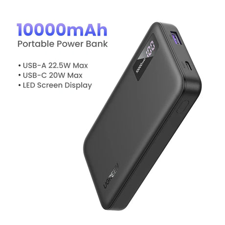 Portable power bank with 10000mAh capacity and USB-A and USB-C ports.