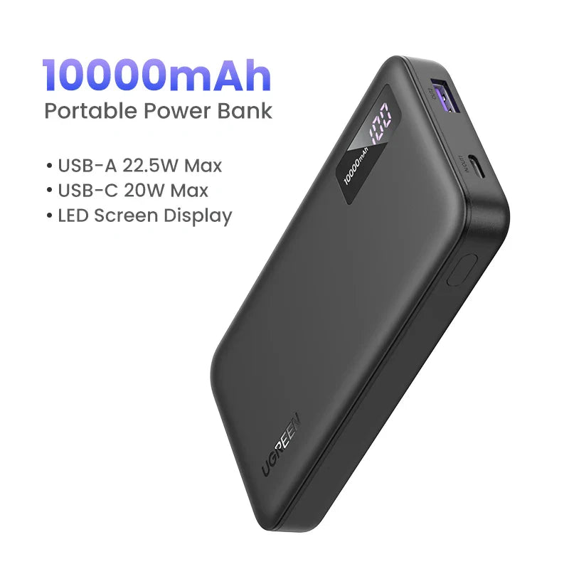 Portable power bank with 10000mAh capacity and LED display.