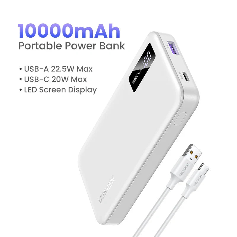 Portable power bank with 10000mAh capacity and LED display.