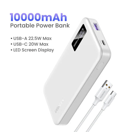 Portable power bank with 10000mAh capacity and LED display.