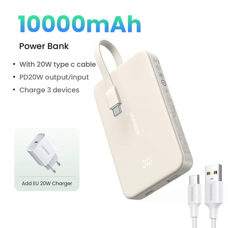 Portable power bank with 10000mAh capacity and USB-C cable.