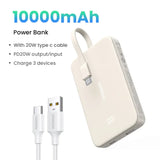 Portable power bank with 10000mAh capacity and attached USB-C cable.