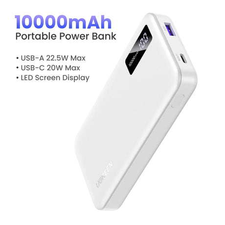 Portable power bank with 10000mAh capacity and LED display.