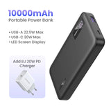 Portable power bank with 10000mAh capacity and dual USB ports.