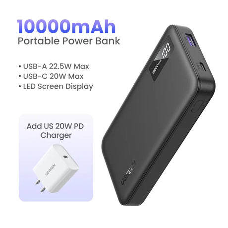 Portable power bank with 10000mAh capacity and dual USB ports.