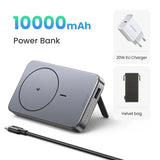 Portable power bank with 10000mAh capacity and wireless charging capability.