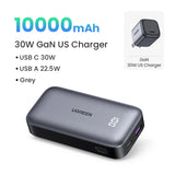 Portable power bank with 10000mAh capacity and USB-C/USB-A charging ports.