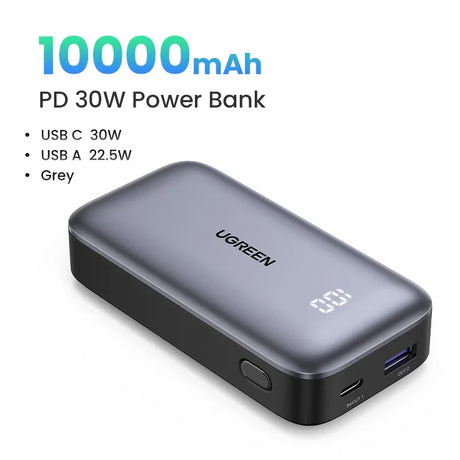 Portable power bank with 10000mAh capacity and 30W PD charging capability.