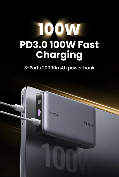 Portable power bank with 100W fast charging capability and three charging ports.