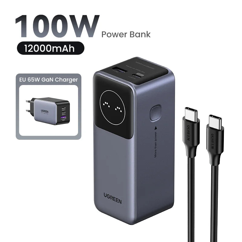 Portable power bank with 100W output and 12000mAh capacity, featuring a digital display and USB ports.