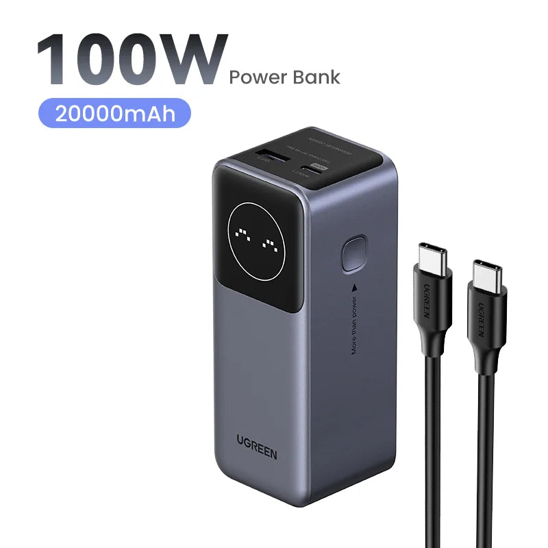 Portable power bank with 100W output and 20000mAh capacity, featuring a digital display and USB-C cable.