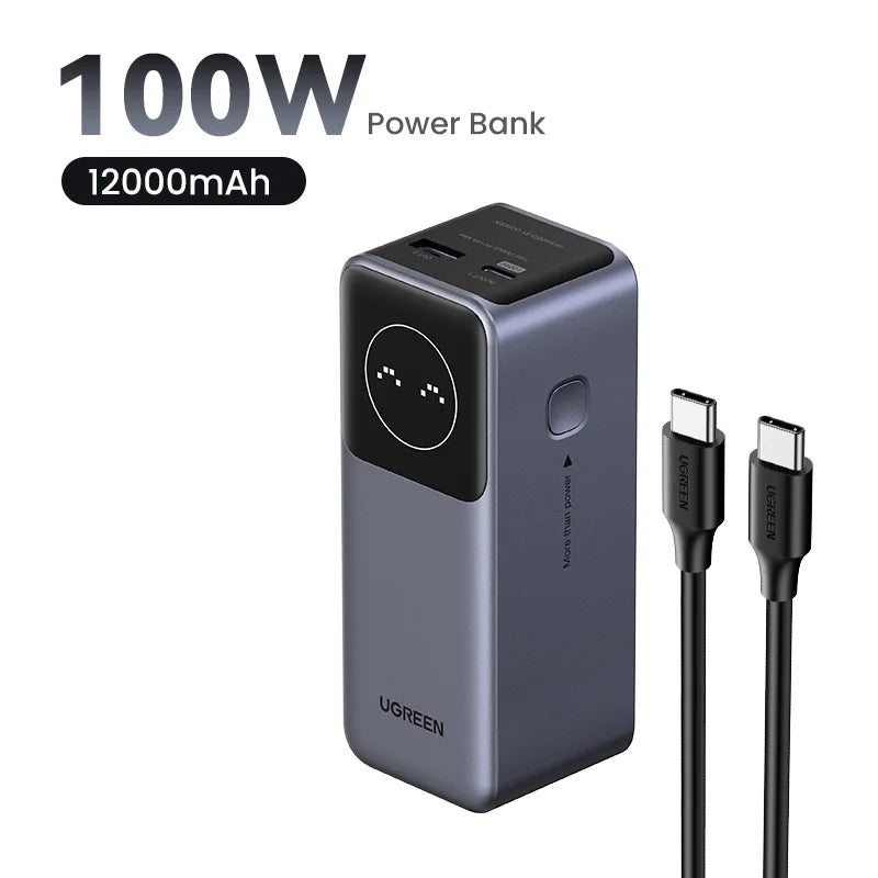 Portable power bank with 100W output and 12000mAh capacity, featuring a digital display and USB-C cable.