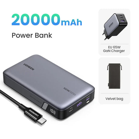 Portable power bank with 20000mAh capacity and digital display.