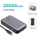 Portable power bank with 20000mAh capacity and digital display.