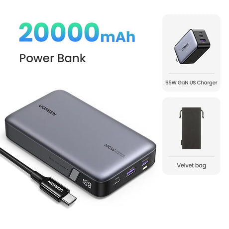 Portable power bank with 20000mAh capacity and digital display.