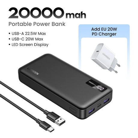 Portable power bank with 20000mAh capacity and USB ports.