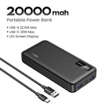 Portable power bank with 20000mAh capacity and LED screen display.