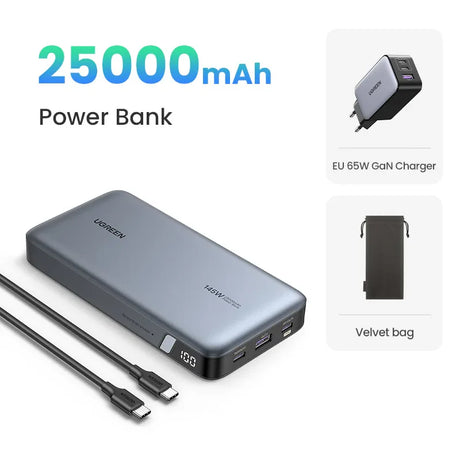 Portable power bank with 25000mAh capacity and included accessories.