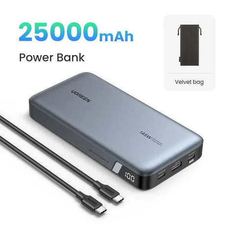 Portable power bank with 25000mAh capacity and digital display.