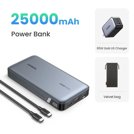 Portable power bank with 25000mAh capacity and included accessories.