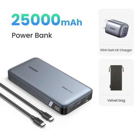 Portable power bank with 25000mAh capacity and included accessories.