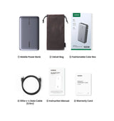 Portable power bank with accompanying accessories and packaging.