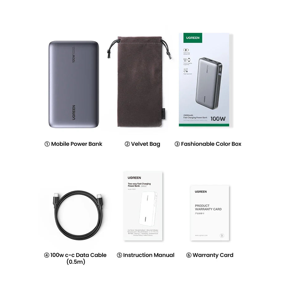 Portable power bank with accessories including a velvet bag, cable, and product documentation.