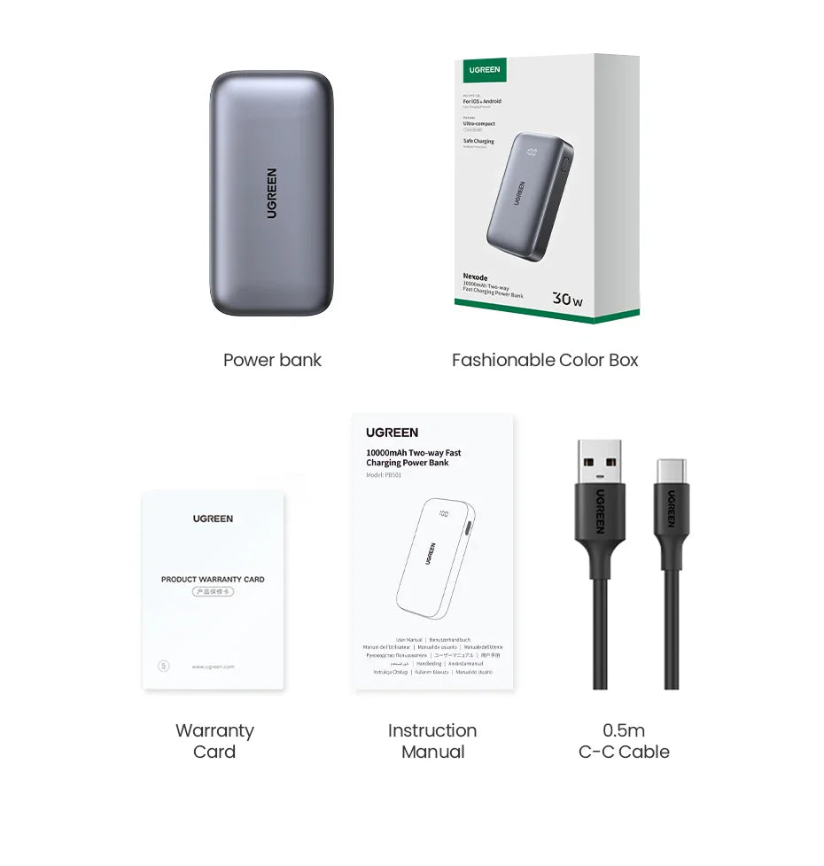 Portable power bank with accompanying accessories and documentation.