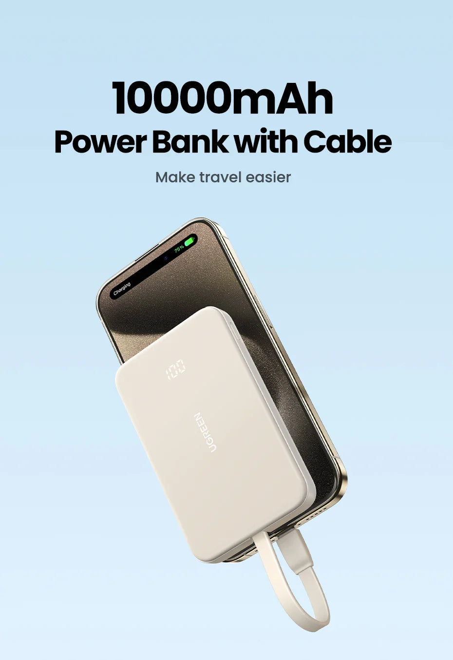 Portable power bank with an attached charging cable.