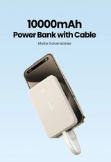 Portable power bank with an attached charging cable.