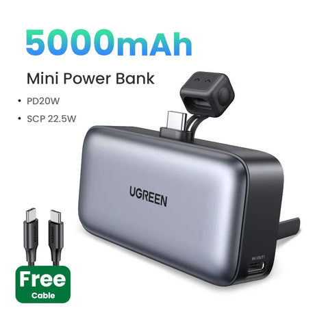 Portable power bank with attached plug and USB ports.