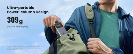 Portable power bank or battery pack being held by a person wearing outdoor gear.