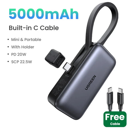 Portable power bank with built-in USB-C cable and additional USB ports.